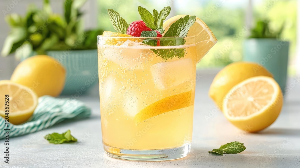Refreshing lemonade drink with ice, lemon, and mint, summer kitchen background Refreshing lemonade drink with ice, lemon, and mint, summer kitchen background
