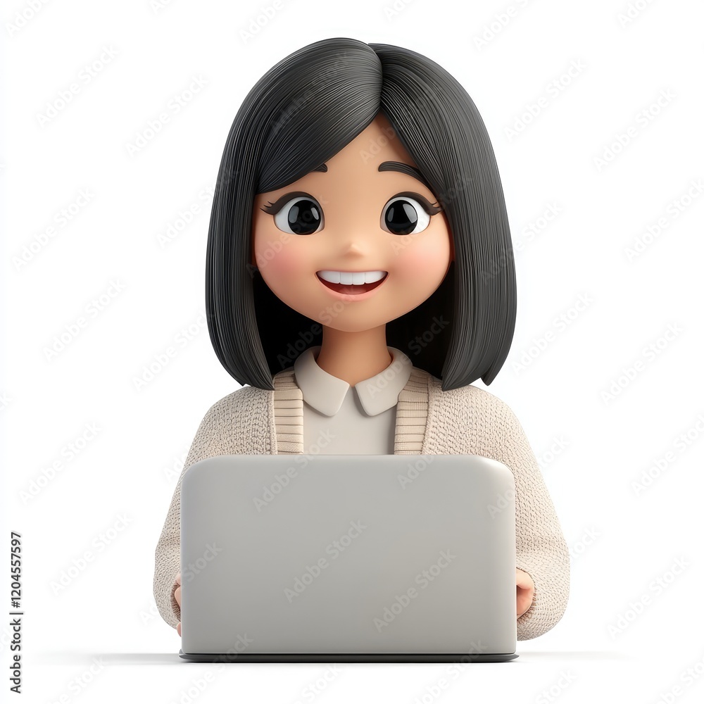3D memoji of an Asian woman typing on a laptop while smiling, featuring shoulder-length hair and a cozy cardigan against a white background 3D memoji of an Asian woman typing on a laptop while smiling, featuring shoulder-length hair and a cozy cardigan against a white background