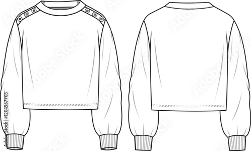 Women's Button Detailed Sweatshirt. Technical fashion top illustration. Flat apparel sweatshirt template front and back, white color. Women's CAD mock-up.