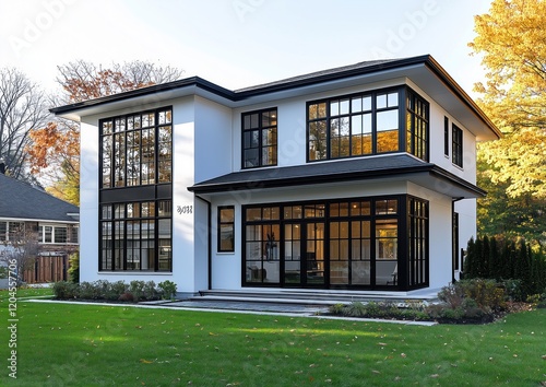 Modern two-story house with white walls, black windows, green lawn, and clean design captured in daylight. photo