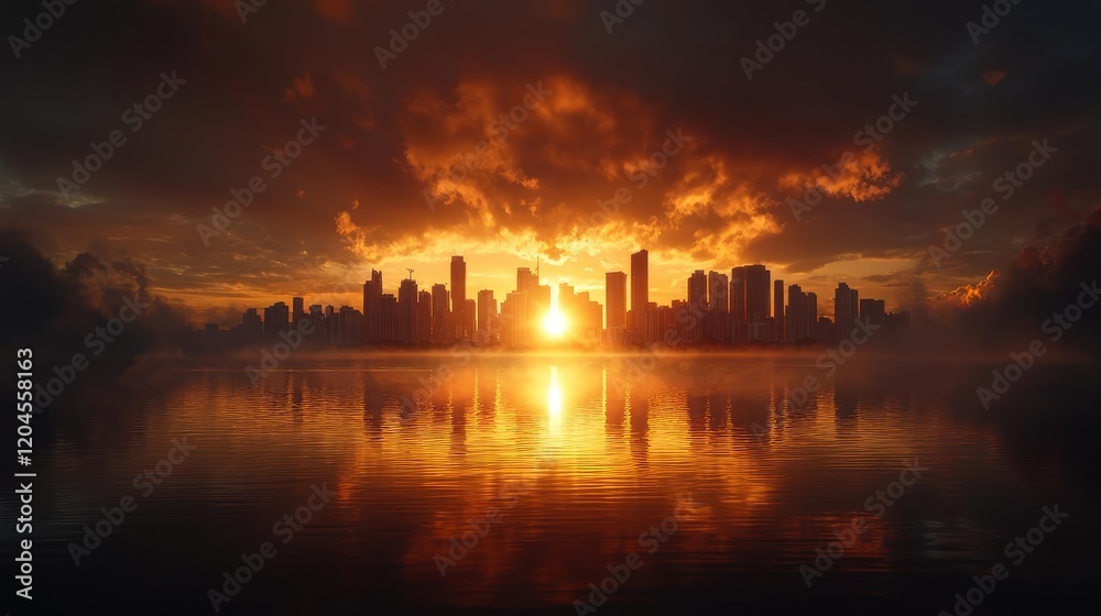 Naklejka premium Dramatic sunrise cityscape reflection, misty waterfront