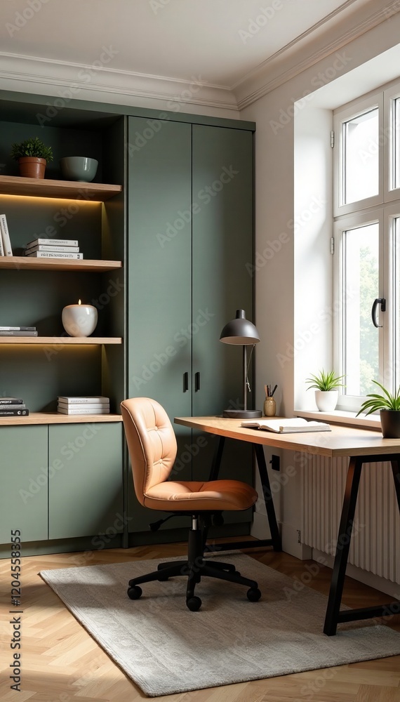 Fototapeta premium Modern home office with stylish decor and natural light flooding the workspace.