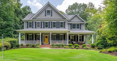 New traditional home with gray roof, white trim, black shutters, yellow door, porch, and green lawn.