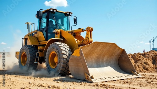 Powerful bulldozer working on a construction site under a clear blue sky. photo