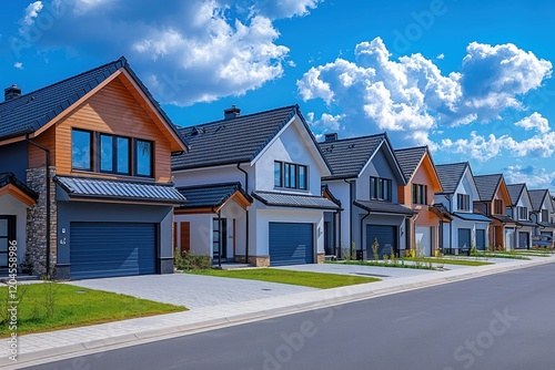 Modern single-family homes with garages, sunny day, soft shadows, and clean focus. photo