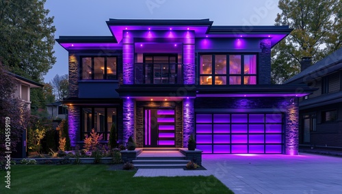 House with purple LED lighting, elegant design, and manicured yard.