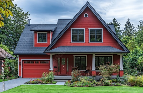 Red house with gable roof, porch, front yard landscaping, and garage. 