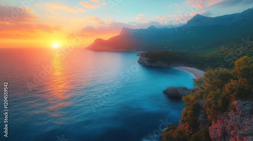 A breathtaking coastal vista during a stunning sunset, showcasing the vibrant interplay of light on calm waters and rugged cliffs in a serene seascape