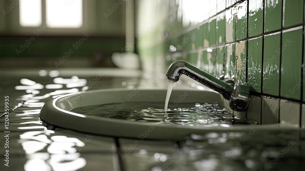 Obraz premium A sink plunger resting on the edge of a clogged bathroom sink filled with murky water