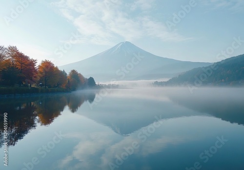 Colorful Autumn Season and Mountain Fuji with morning photo