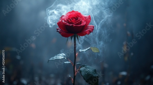 Fototapeta Naklejka Na Ścianę i Meble -  Single red rose in smoke, dark background.