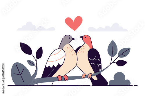 Romantic scene of pigeons express affection towards each other sitting on a tree branch. Vector flat illustration