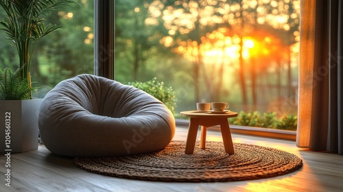 Cozy living room with a bean bag chair and a small table, overlooking a sunset through large windows