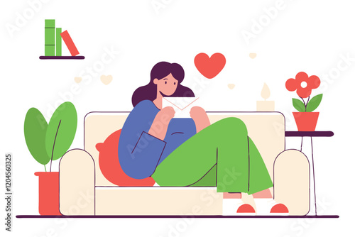 Young woman sitting in the comfortable sofa and reading love letter. Vector flat illustration. Romantic Relationships