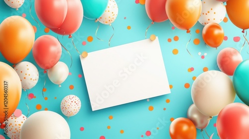 Blank card surrounded by colorful balloons and confetti on a blue background.
