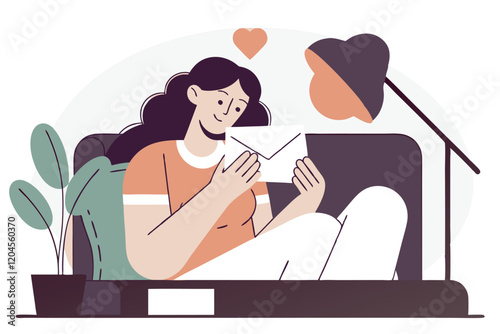 Young woman sitting in the comfortable sofa and reading love letter. Vector flat illustration. Romantic Relationships