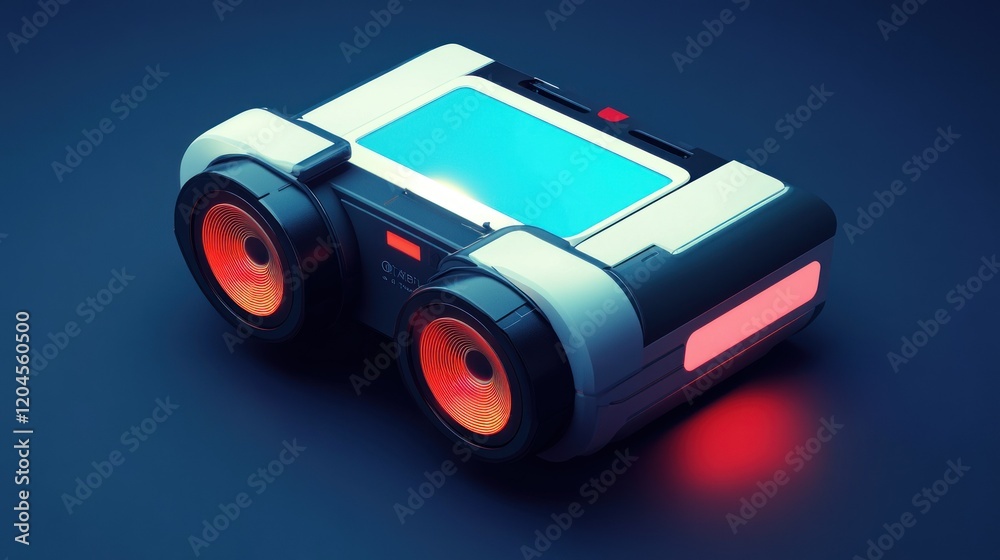 Futuristic device with screen, speakers, and glowing lights on dark background. Futuristic device with screen, speakers, and glowing lights on dark background.