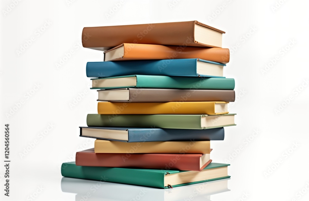 Colorful books stacked high on white surface. Books arranged vertically in pile. Variety of colors, styles. Different book covers. Educational resource. Great for study library. Inspiring image for