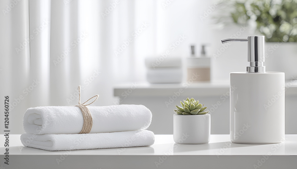 Fototapeta premium Ceramic soap, towel, copy space on blurred white spa background