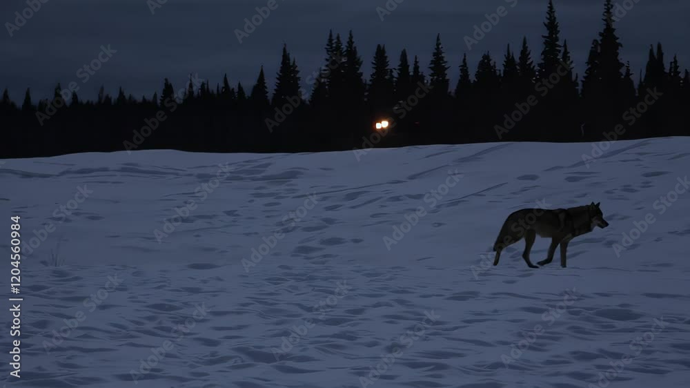 wolf walks through a snowy field at night, with a distant vehicle light visible wolf walks through a snowy field at night, with a distant vehicle light visible