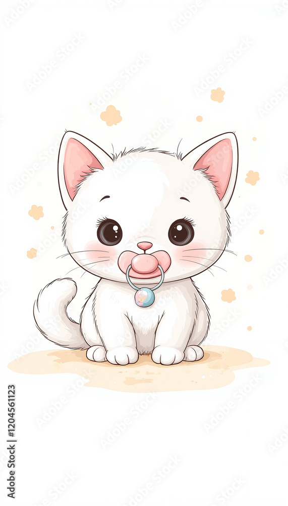 Cute kitten with pacifier sitting upright, innocence and playfulness Cute kitten with pacifier sitting upright, innocence and playfulness