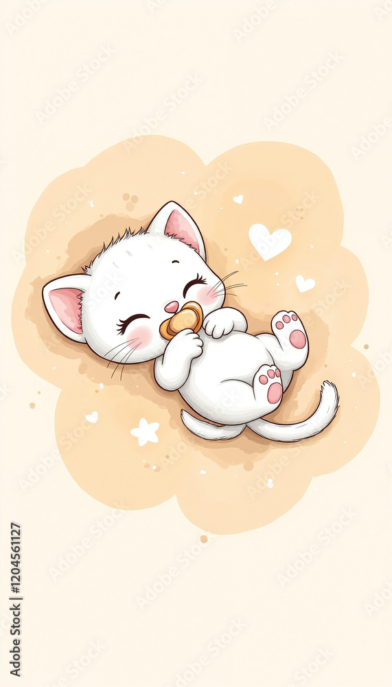 Happy kitten playing with a pacifier on soft background, cuteness