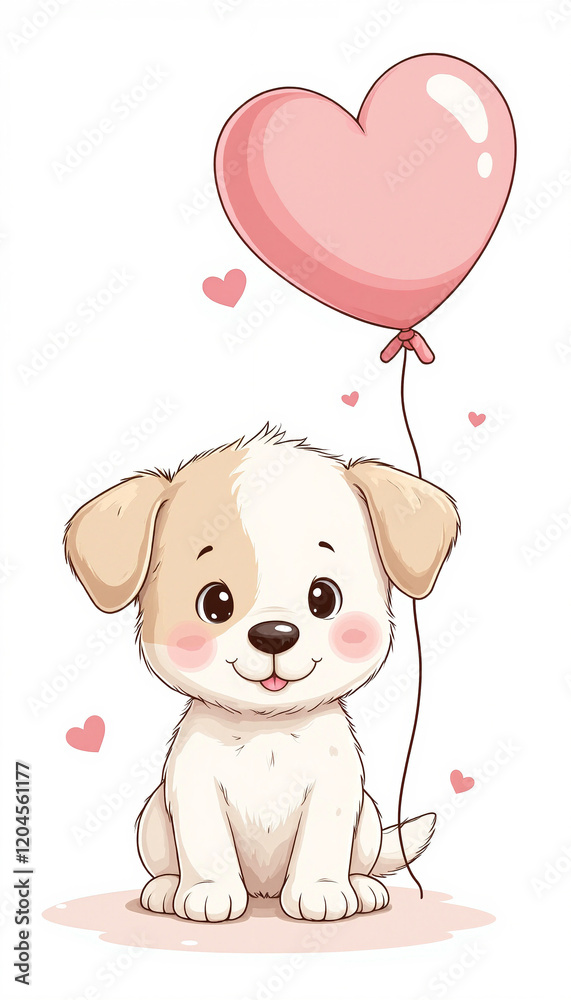 Cute puppy with heart-shaped balloon, pastel illustration of love Cute puppy with heart-shaped balloon, pastel illustration of love