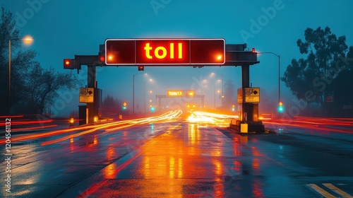 Illuminated Highway Toll Plaza at Night Capturing the Motion Blur of Multiple Vehicles with Vibrant Tail Lights on a Rain-Soaked Roadway