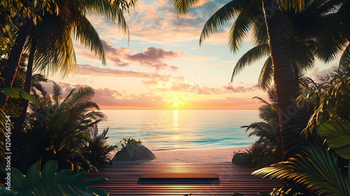 Serene tropical yoga haven overlooking turquoise ocean at sunset, with palm trees, exotic plants, and a tranquil wooden deck, evoking relaxation and inner peace. Tropical Haven. Illustration photo