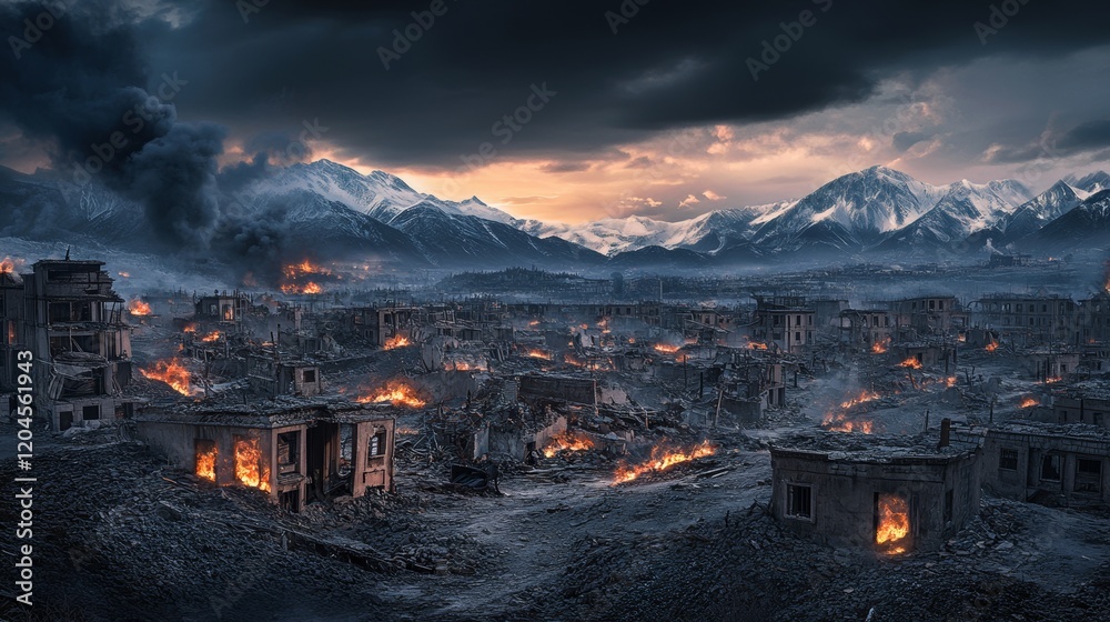 In a bleak post-apocalyptic world, a city burns, survivors cower near a fire, while majestic mountains loom in the rear In a bleak post-apocalyptic world, a city burns, survivors cower near a fire, while majestic mountains loom in the rear