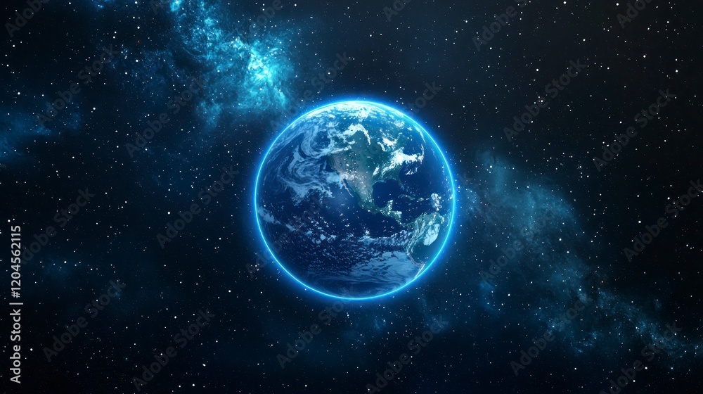Obraz premium Earth in space with a blue glow and stars in the background
