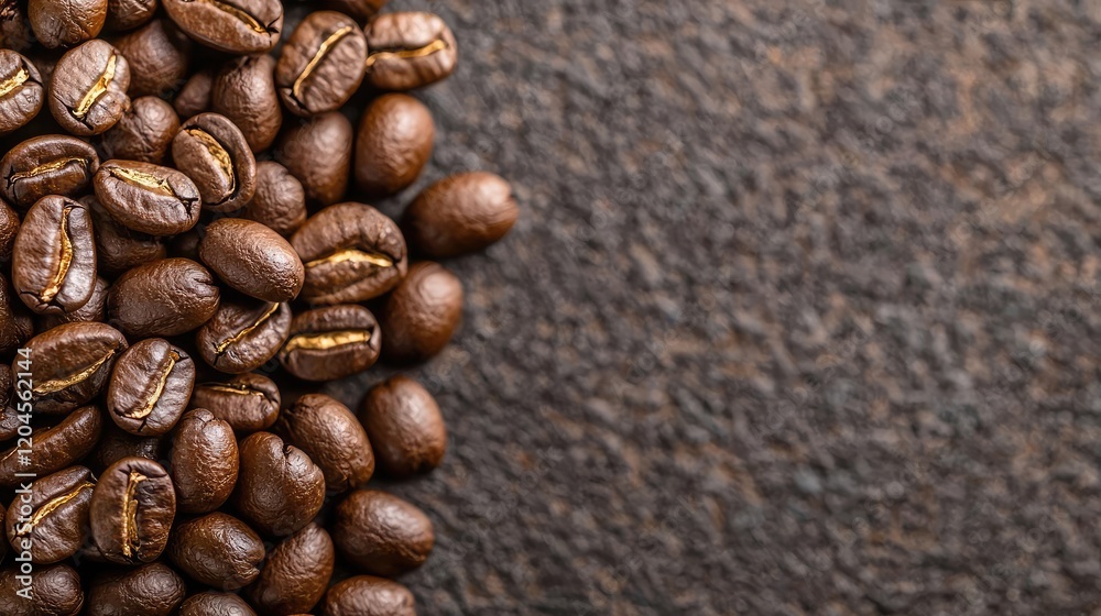 Roasted coffee beans on dark background, close-up. Food advertising, website banner Roasted coffee beans on dark background, close-up. Food advertising, website banner