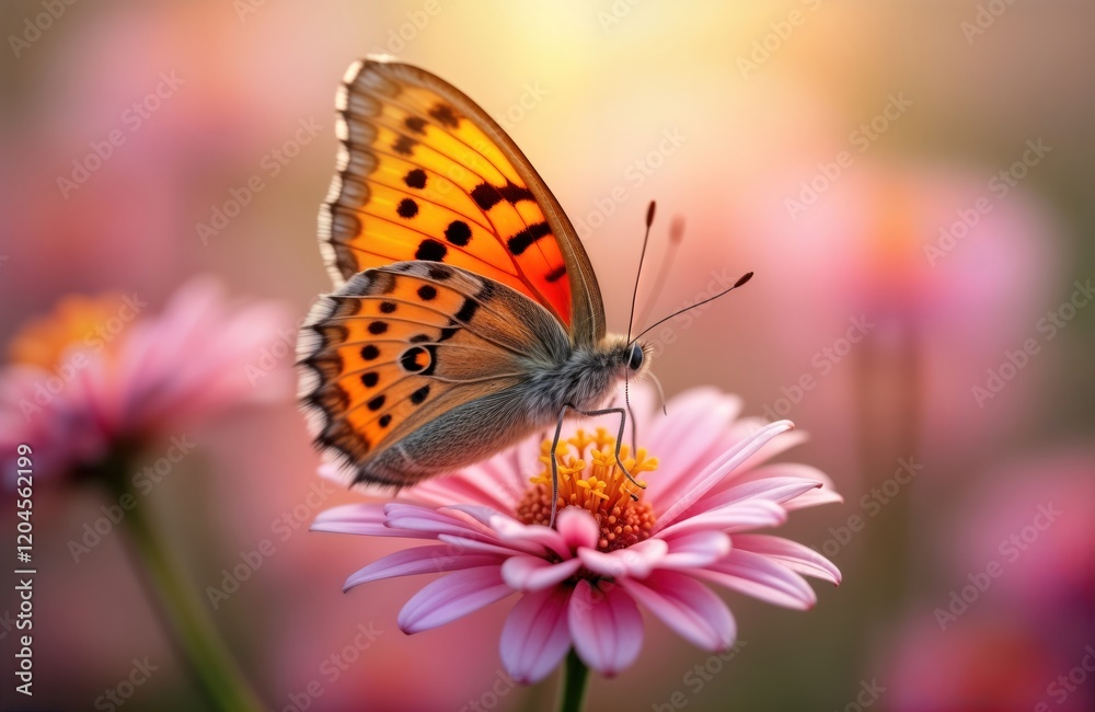 Beautiful butterfly rests on delicate pink flower. Nature scene shows soft lighting, bright colors. Macro photo captures detailed wings, flower petals. Perfect for spring summer themes. Image perfect Beautiful butterfly rests on delicate pink flower. Nature scene shows soft lighting, bright colors. Macro photo captures detailed wings, flower petals. Perfect for spring summer themes. Image perfect