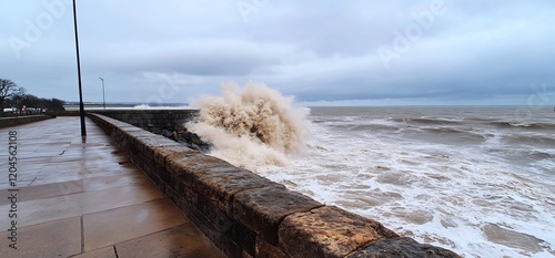 Stormy sea crashing against coastal wall.  Use Weather, nature photo