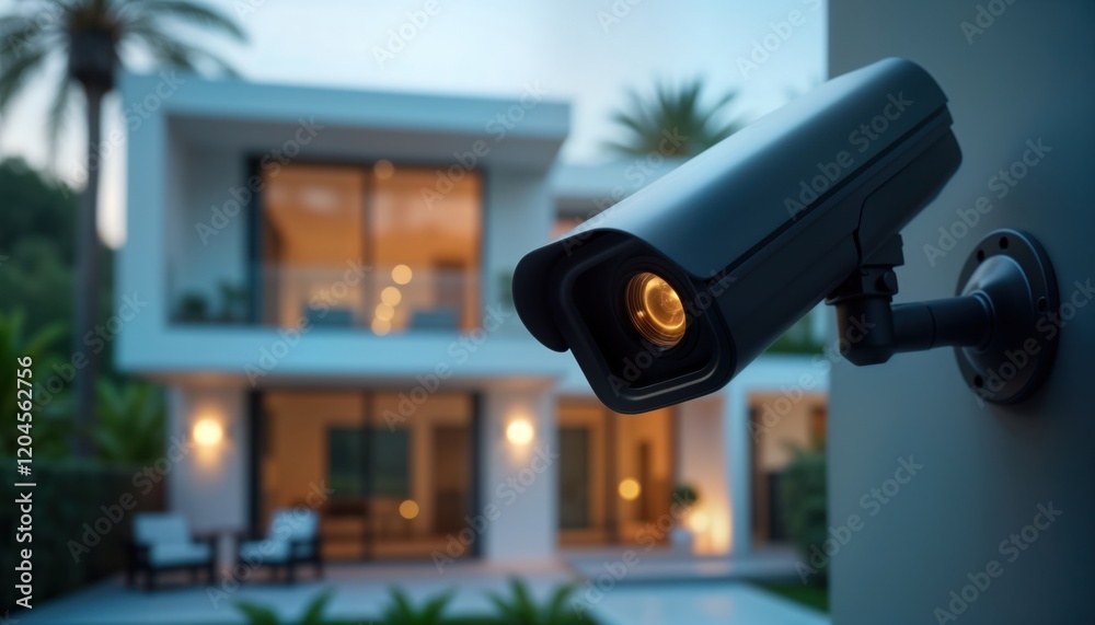 Modern security camera positioned outside modern house. Advanced security tech protects luxury home. Protection system installed. Home safety, prevention of burglary priorities. Sophisticated tech Modern security camera positioned outside modern house. Advanced security tech protects luxury home. Protection system installed. Home safety, prevention of burglary priorities. Sophisticated tech