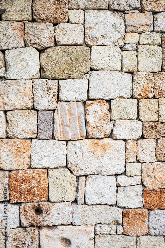 Textured stone wall with varied colored bricks in a rustic pattern Textured stone wall with varied colored bricks in a rustic pattern
