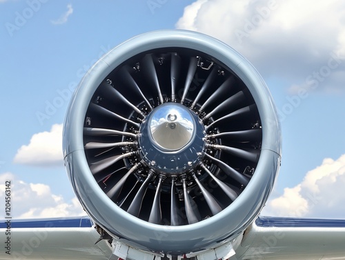 Airplane Engine Closeup Turbine Detail Against Sky
