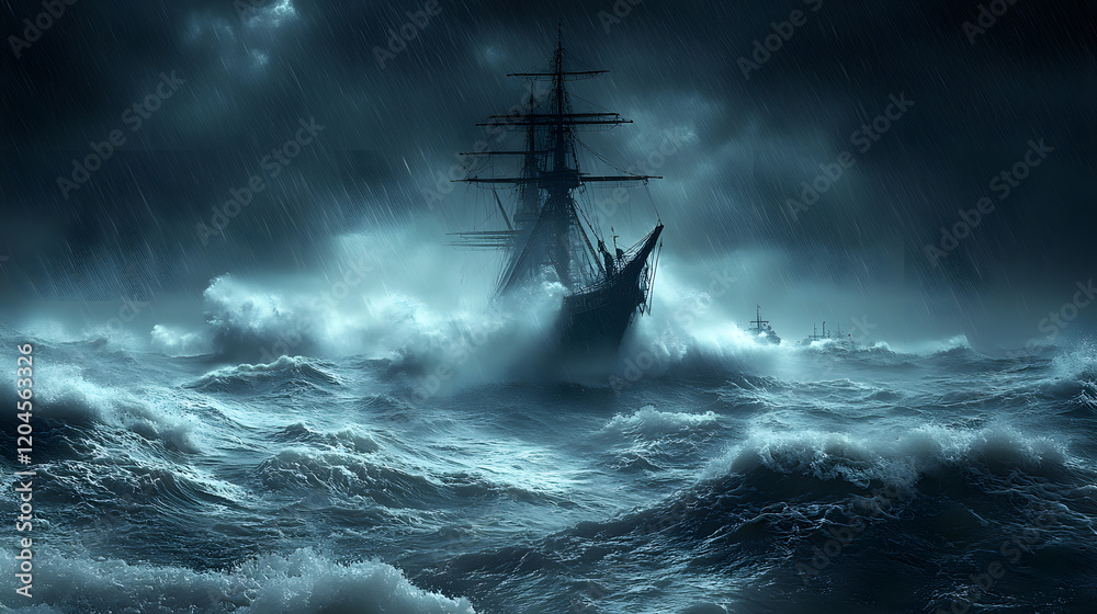 A group of ships are in the ocean, with one of them being a battleship. The scene is dark and stormy, with the ships being battered by the waves. Scene is intense and dramatic A group of ships are in the ocean, with one of them being a battleship. The scene is dark and stormy, with the ships being battered by the waves. Scene is intense and dramatic