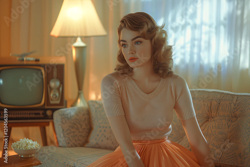 vintage tv room, an elegant painting shows a confident lady in vintage attire lounging on a luxurious sofa, eagerly anticipating tv time in a classic living space photo