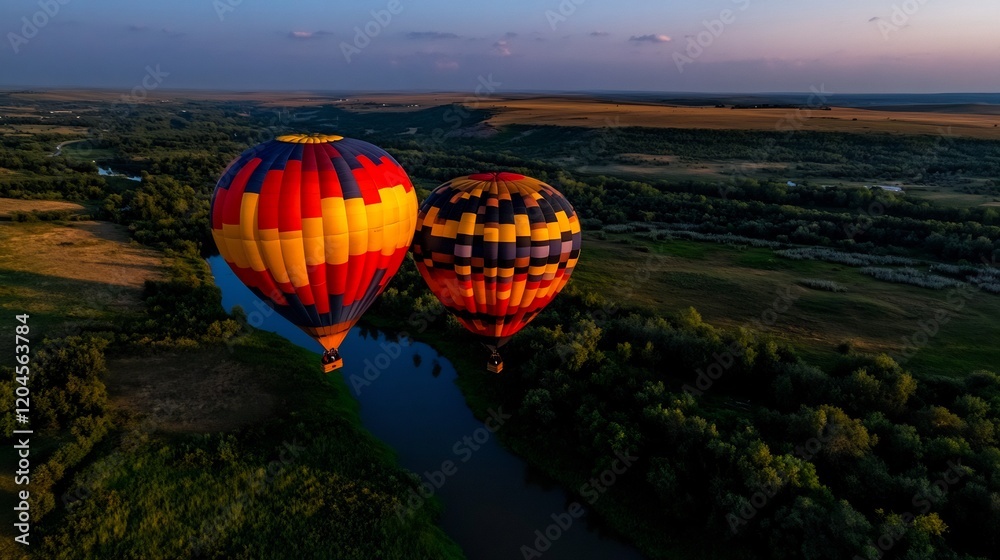Fototapeta premium Aerial View of Two Hot Air Balloons Soaring Over Serene River Landscape at Sunset