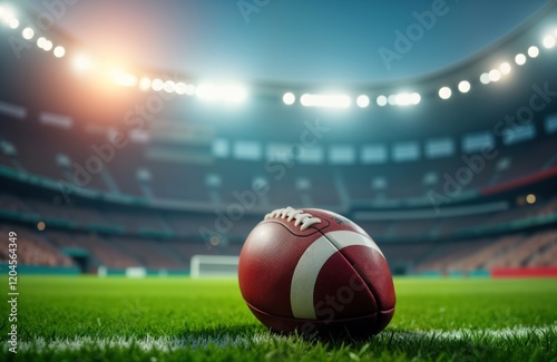 American football sits on grass field in stadium at night. Illumination spotlights arena. Sport equipment. Recreation concept. Game waiting to start. Pro football. Athletic background. Competitive