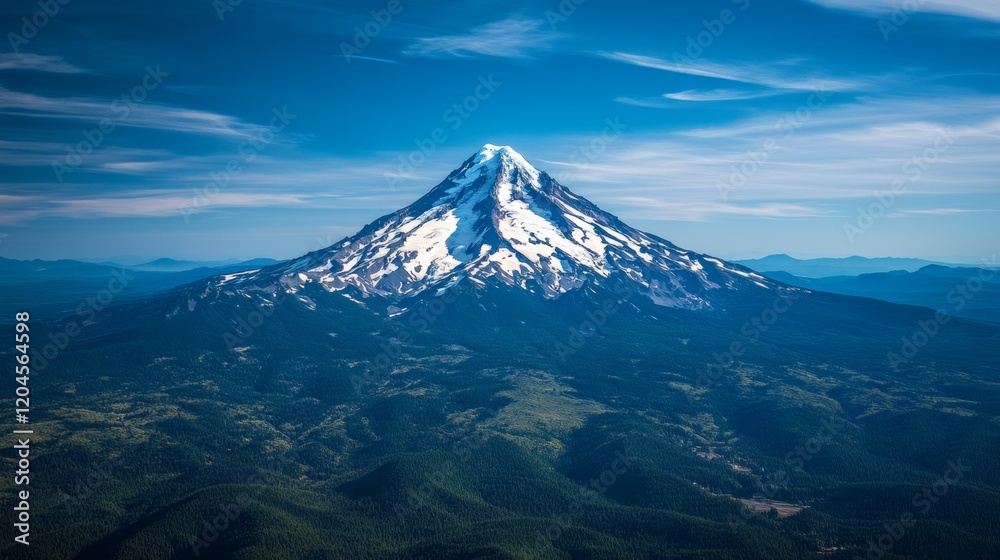 Fototapeta premium Majestic snow-capped mountain peaks sits under a flawless blue sky, offering a breathtaking panorama of nature's awe-inspiring beauty and vastness.