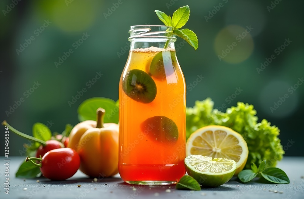 freshly squeezed juice in a glass jar. still life of fruits and vegetables freshly squeezed juice in a glass jar. still life of fruits and vegetables