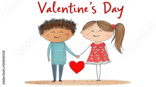 Cheerful cartoon boy and girl joyfully holding hands, Valentines day