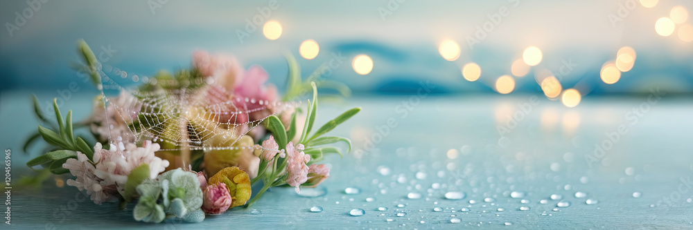 Delicate Flowers Dew Drops Spiderweb on Blue Wooden Background