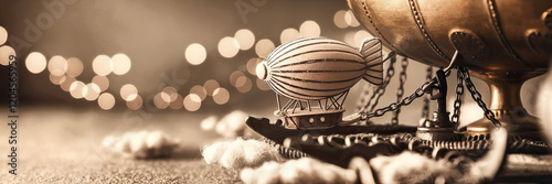Obraz na płótnie Vintage Airship Model Steampunk Bokeh Lights Craftsmanship Chain Antique w salonie