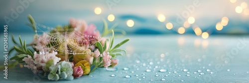 Delicate Flowers Dew Drops Spiderweb on Blue Wooden Background