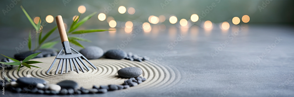 Serene Zen Garden Sand Stones Rake Bamboo Calm Peace Meditation Tranquility Mindfulness Spa