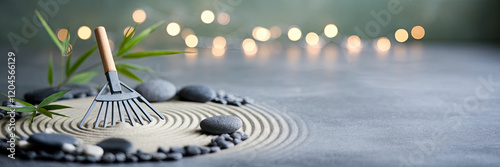 Obraz na płótnie Serene Zen Garden Sand Stones Rake Bamboo Calm Peace Meditation Tranquility Mindfulness Spa w salonie