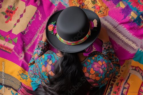 Bolivian woman wearing bowler hat with vibrant background during cultural celebration photo